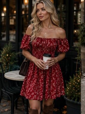 Red Floral Off-Shoulder Smocked Waist Dress